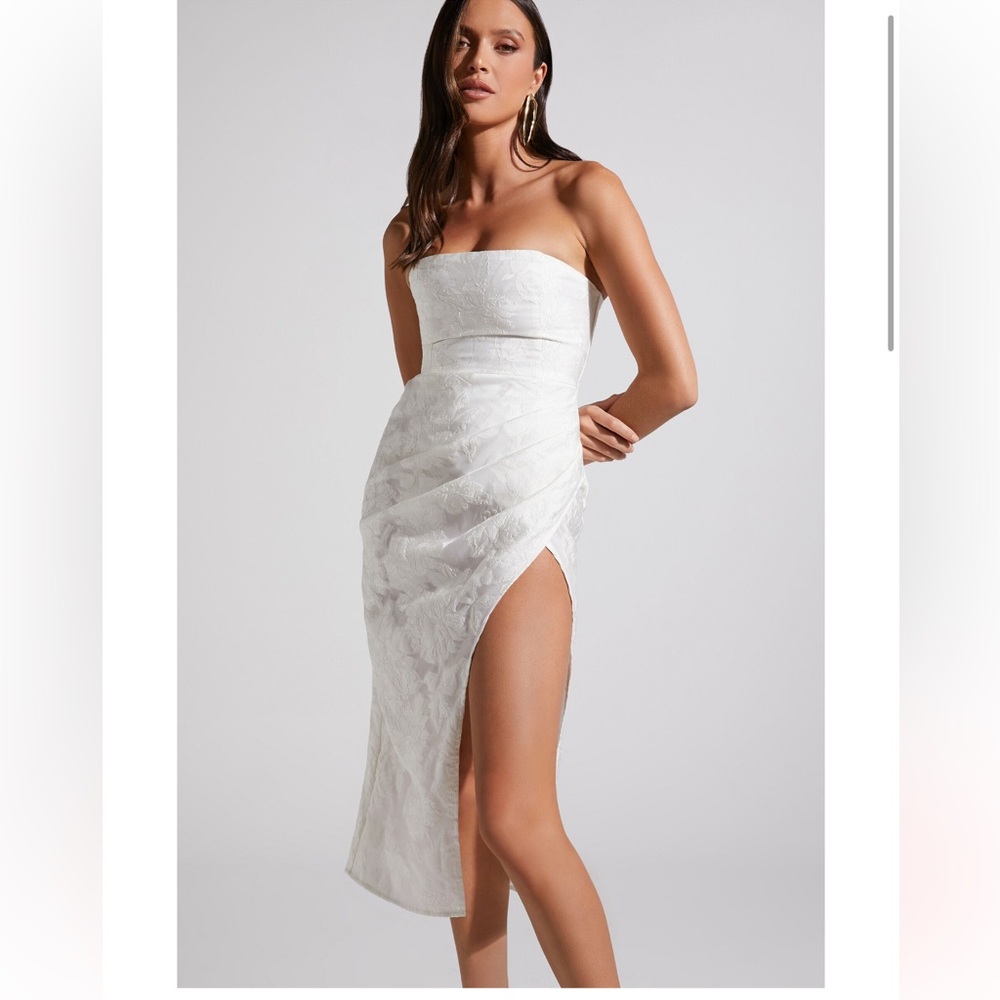 Showpo Brailey Strapless White Floral Jacquard Midi Dress 6 Thigh Slit